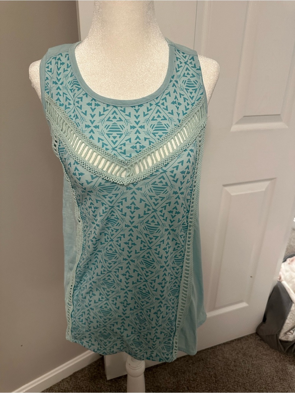 Women’s Light Teal Crochet-Trim Tank Top